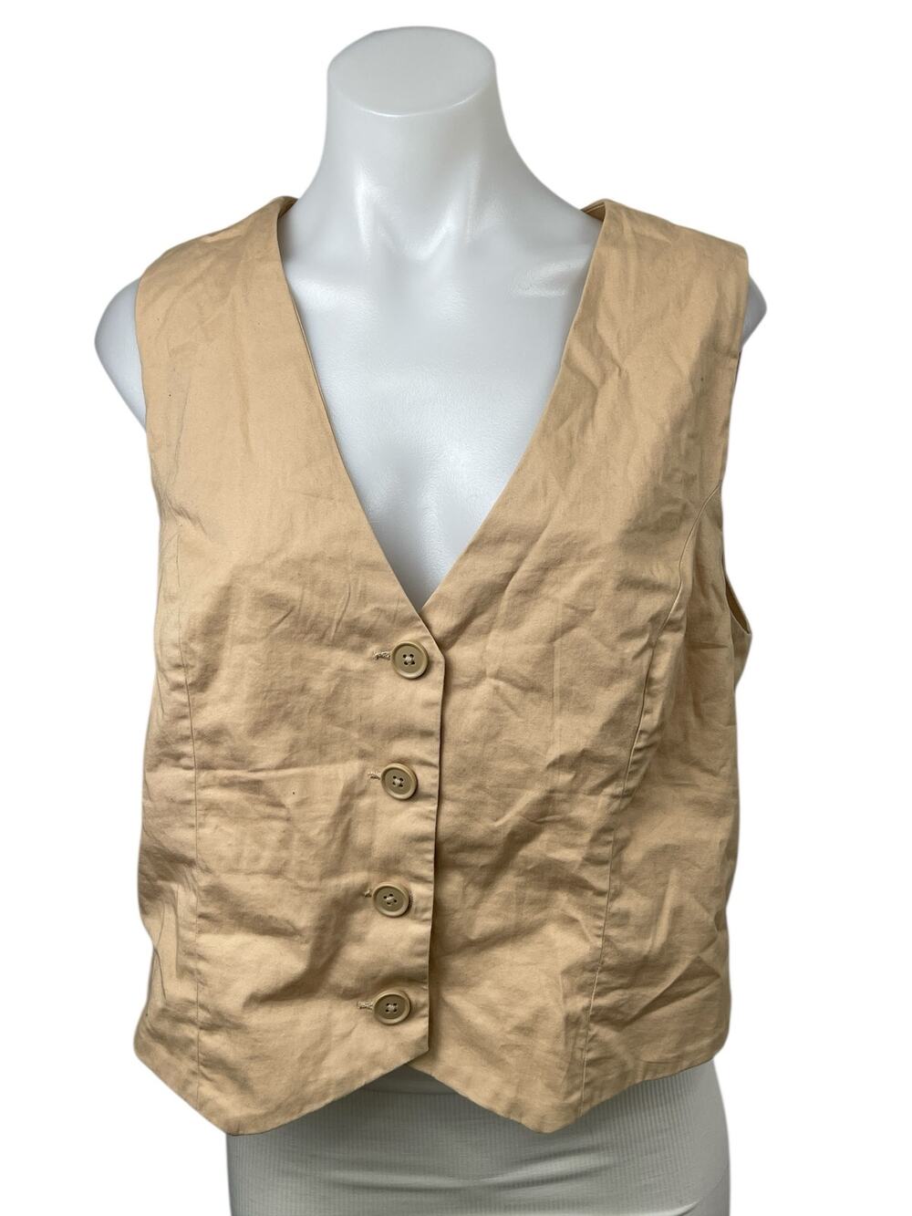 Abercrombie & Fitch Beige Sleeveless V Neck Button Shirt Crop Tank Vest Top Sz L